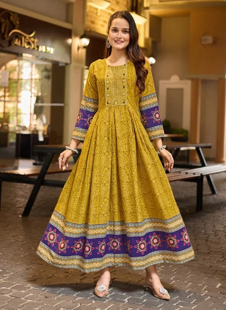 Mustard Yellow Rayon Print With Embroidery Work Anarkali Kurti Aaradhna 2030